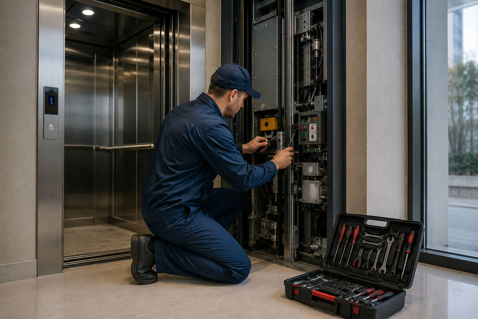 Elevator technician diagnosing a lift fault